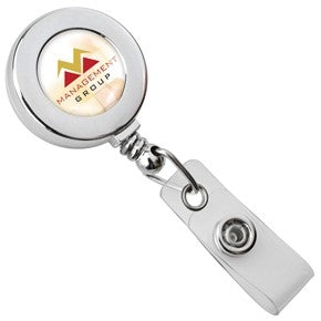 Metallic Round Economy Badge Reel with Clear Vinyl Strap and Belt Clip, Qty = 25