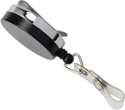 Black and Chrome Metal Case Badge Reel with Wire Cord and Reinforced Strap, Qty = 25