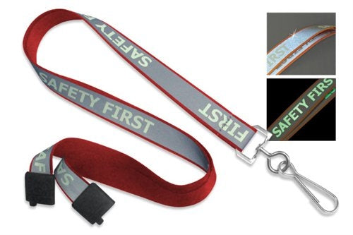 Glow-In-The-Dark  5/8" (16 MM) Reflective Lanyard with "Safety First" Luminescent Imprint & Nickel-Plated Steel Swivel Hook, Qty = 100