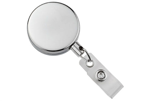 Chrome Metal Case Badge Reel with Wire Cord and Clear Vinyl Strap, Qty = 25