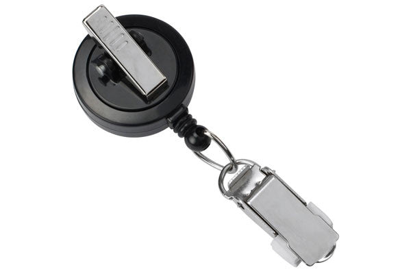 Black Round Badge Reel with Card Clamp and Swivel Spring Clip, Qty = 25